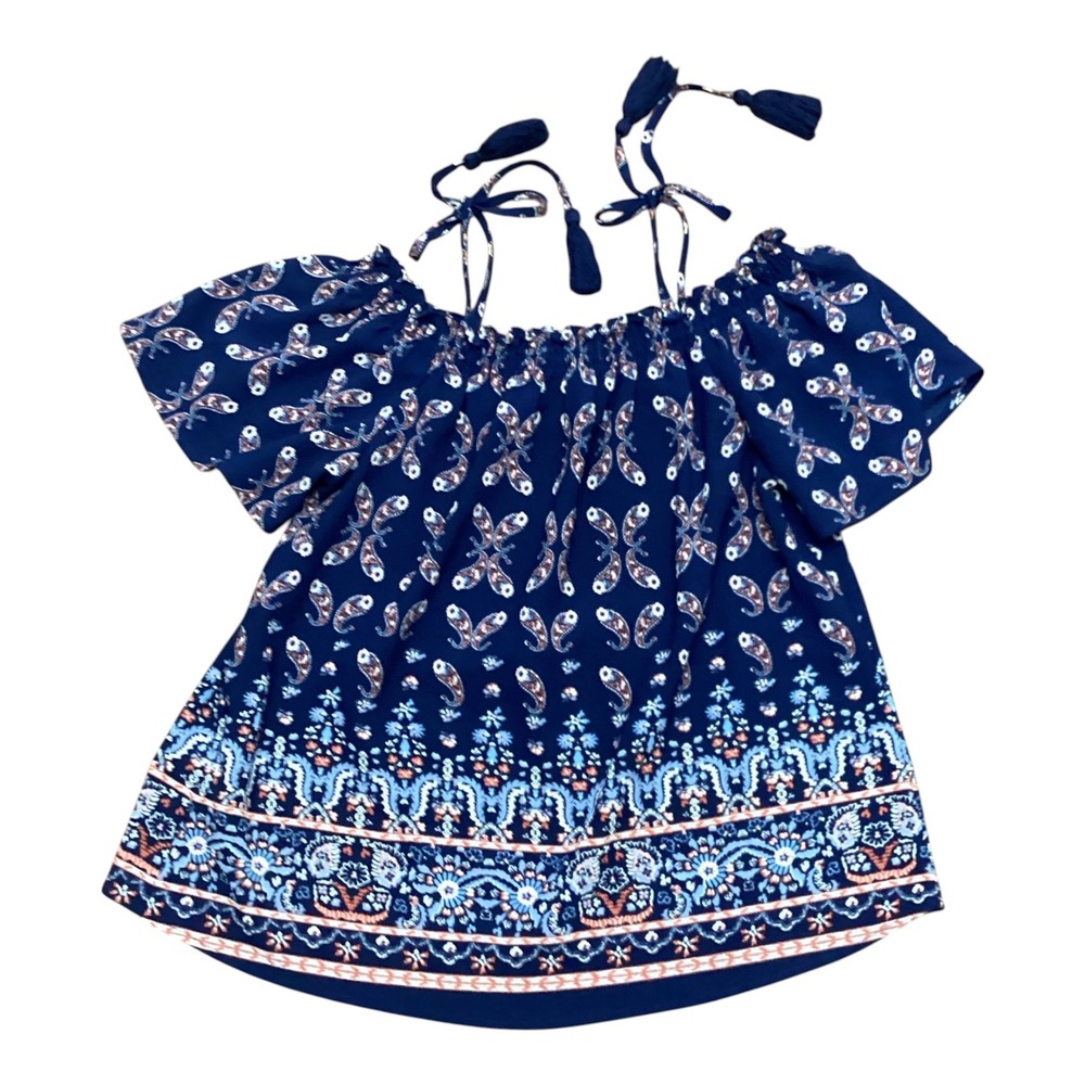 Jolt Womens Navy Blue Paisley Off Shoulder Tassel Tie Blouse Top M